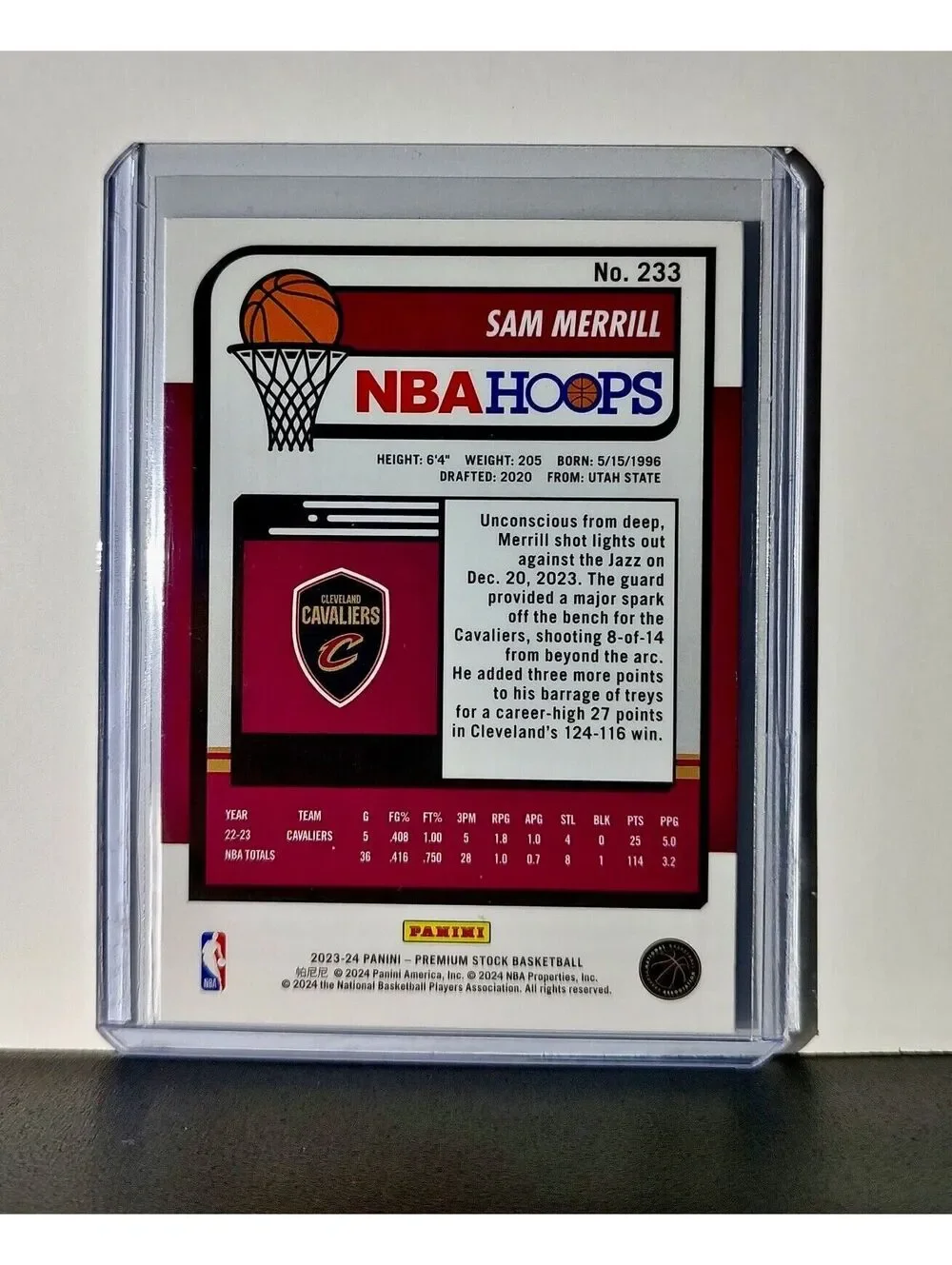 Sam Merrill 2023-24 Panini Premium Stock NBA Hoops #233 Card Cleveland Cavaliers